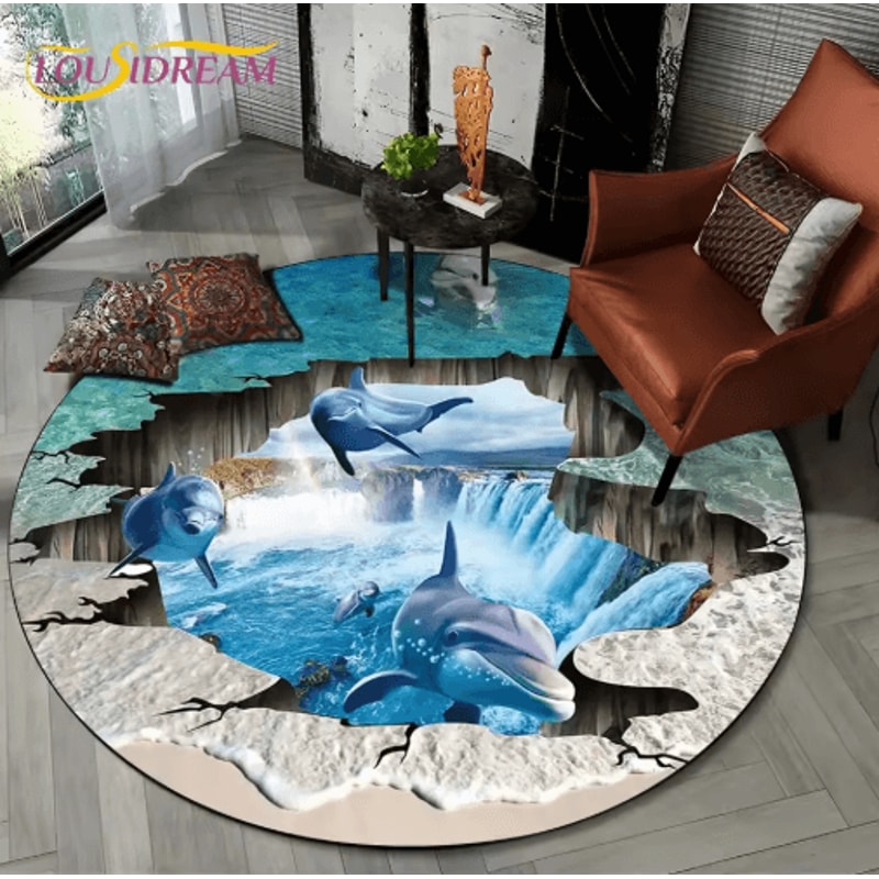 3D Ocean Dolphin Area Rug NonSlip Underwater Illusion Round Carpet 2