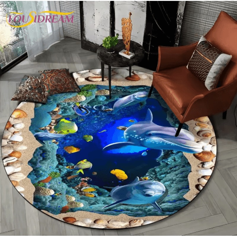 3D Ocean Dolphin Area Rug NonSlip Underwater Illusion Round Carpet 4