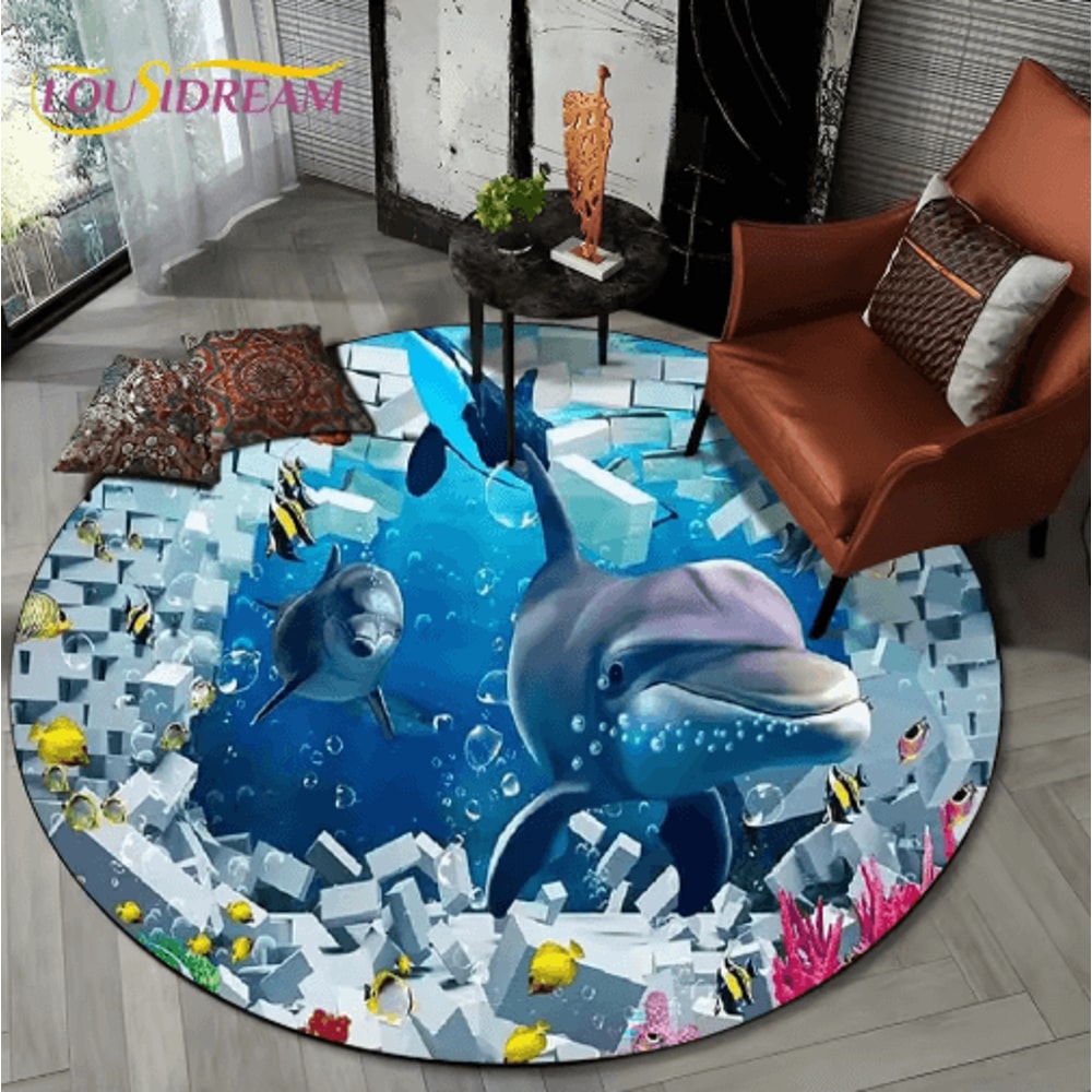 3D Ocean Dolphin Area Rug NonSlip Underwater Illusion Round Carpet 5
