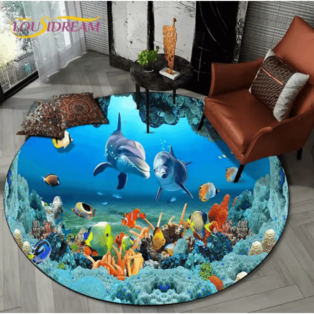 3D Ocean Dolphin Area Rug NonSlip Underwater Illusion Round Carpet 7