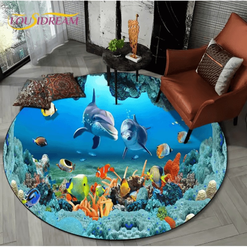 3D Ocean Dolphin Area Rug NonSlip Underwater Illusion Round Carpet 7