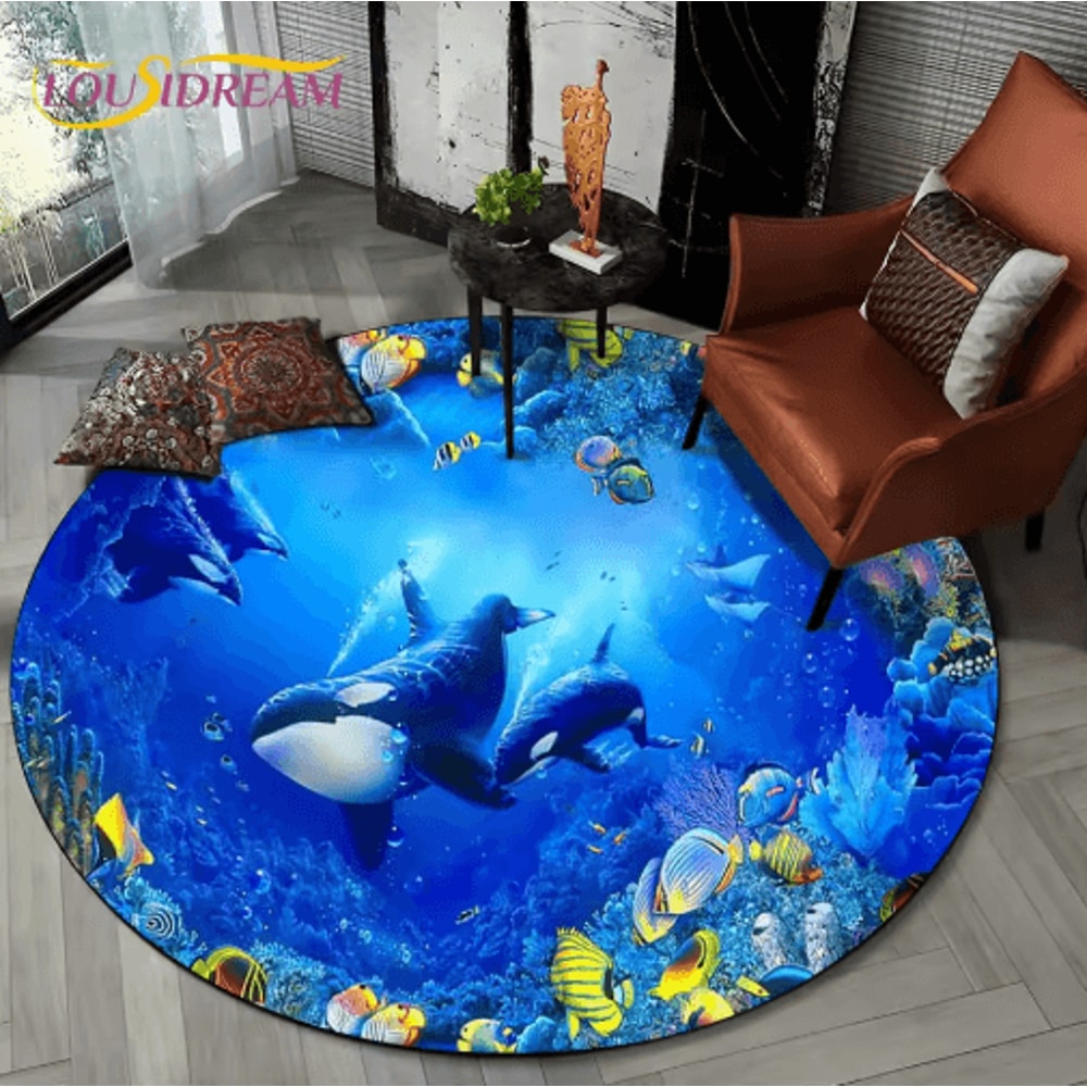 3D Ocean Dolphin Area Rug NonSlip Underwater Illusion Round Carpet 8