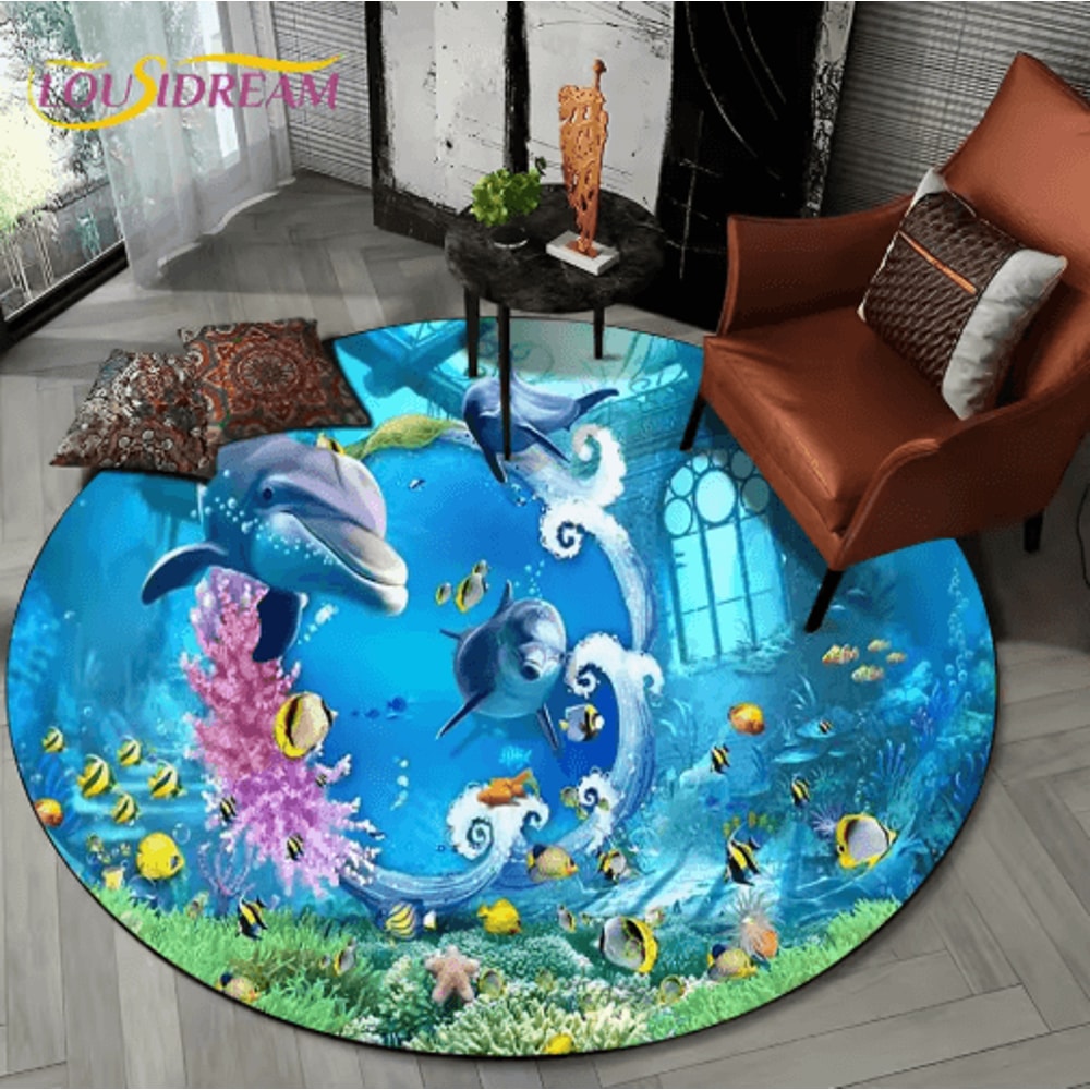 3D Ocean Dolphin Area Rug NonSlip Underwater Illusion Round Carpet 9