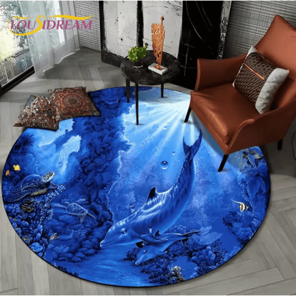 3D Ocean Dolphin Area Rug NonSlip Underwater Illusion Round Carpet 15