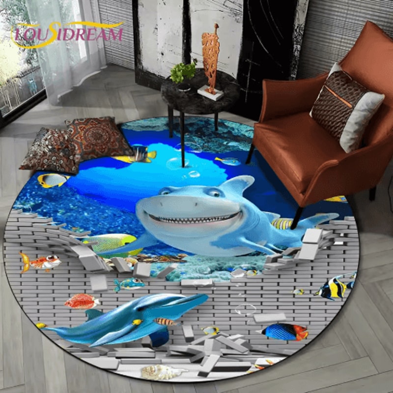 3D Ocean Dolphin Area Rug NonSlip Underwater Illusion Round Carpet 16