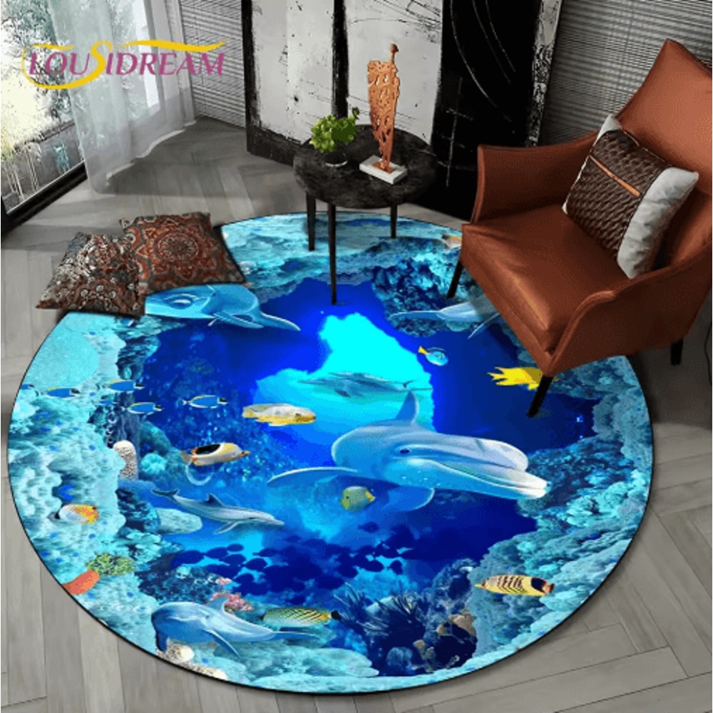 3D Ocean Dolphin Area Rug NonSlip Underwater Illusion Round Carpet 17
