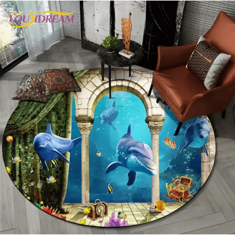 3D Ocean Dolphin Area Rug NonSlip Underwater Illusion Round Carpet 18
