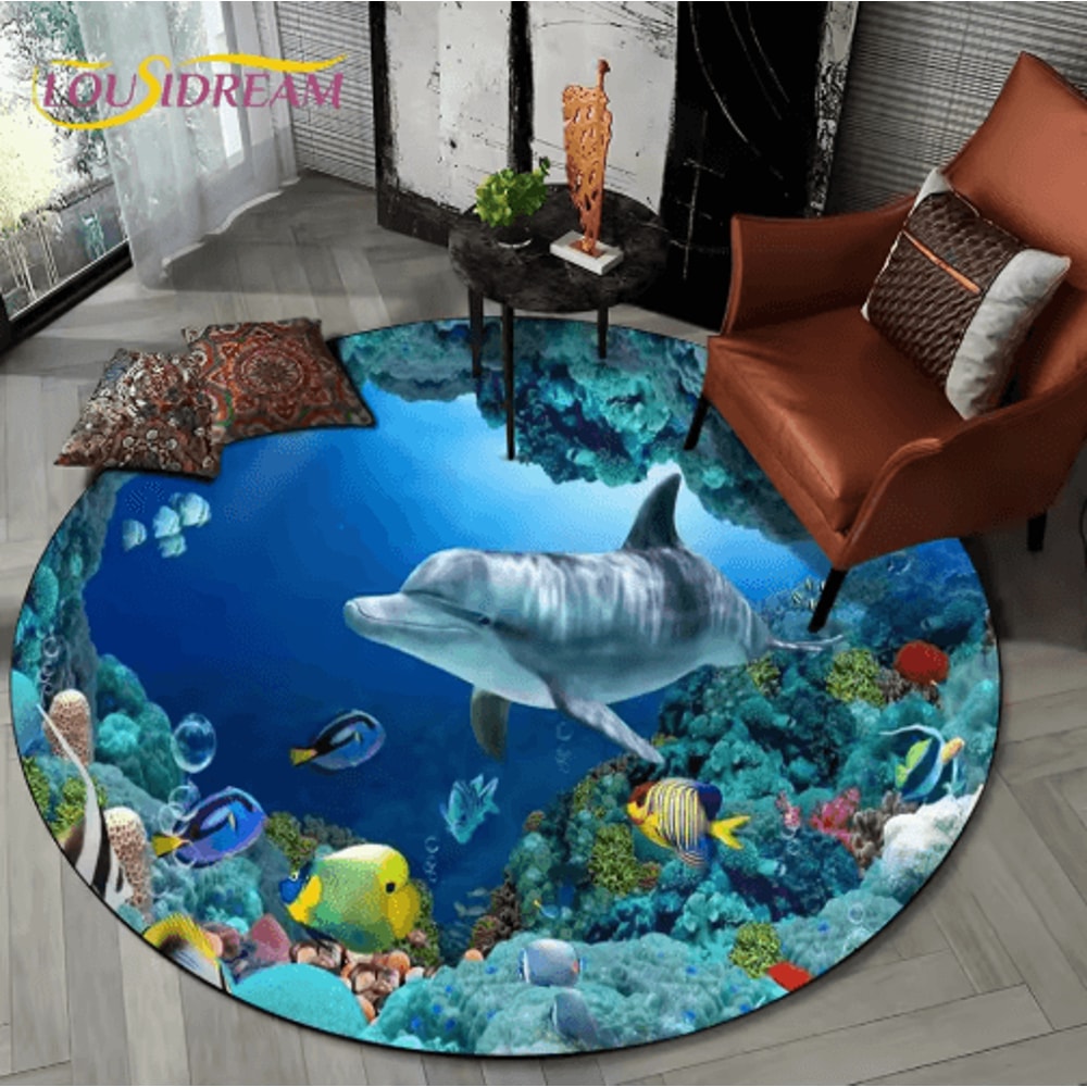 3D Ocean Dolphin Area Rug NonSlip Underwater Illusion Round Carpet 19
