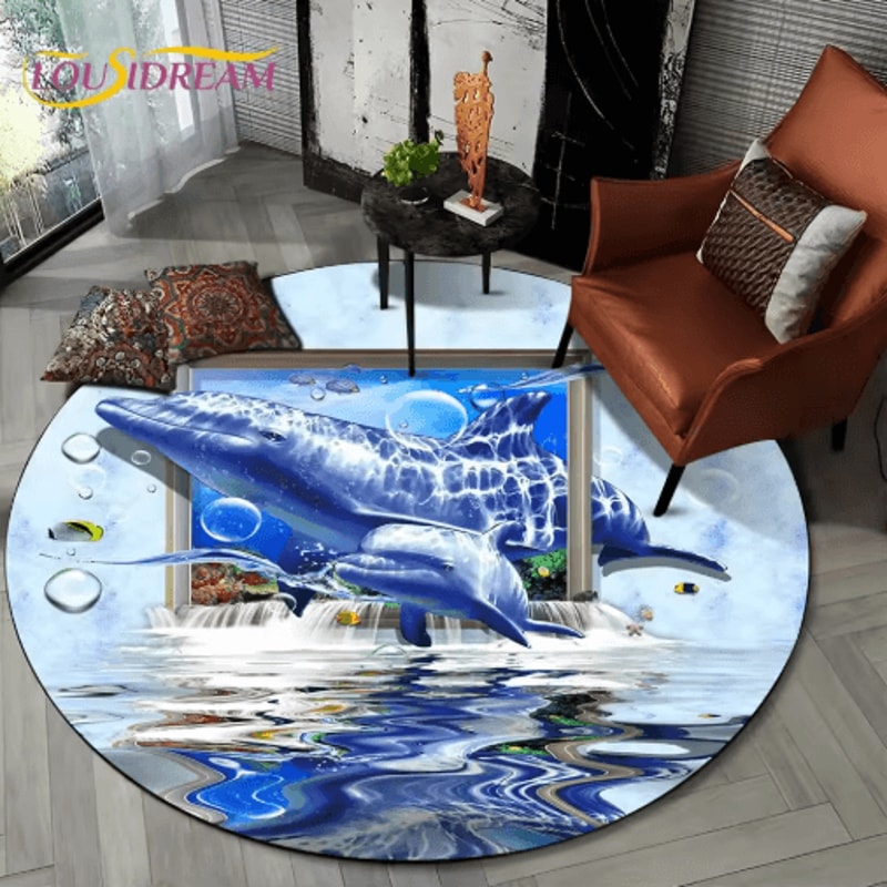 3D Ocean Dolphin Area Rug NonSlip Underwater Illusion Round Carpet 20