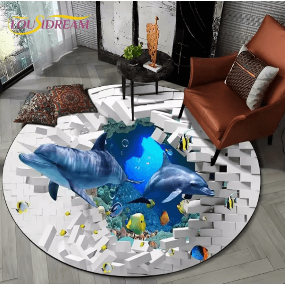 3D Ocean Dolphin Area Rug NonSlip Underwater Illusion Round Carpet 21