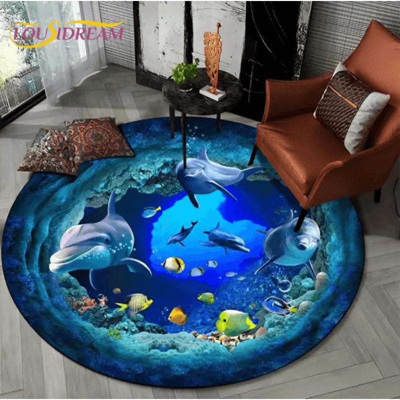 3D Ocean Dolphin Area Rug NonSlip Underwater Illusion Round Carpet 22