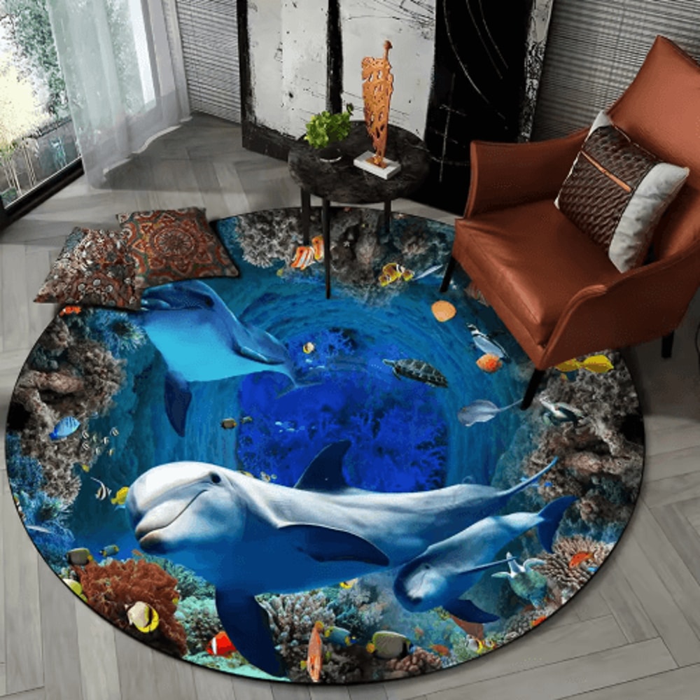 3D Ocean Dolphin Area Rug NonSlip Underwater Illusion Round Carpet 29
