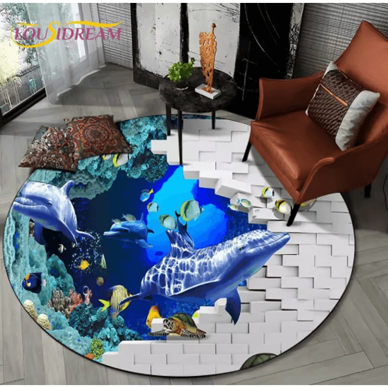 3D Ocean Dolphin Area Rug NonSlip Underwater Illusion Round Carpet 23