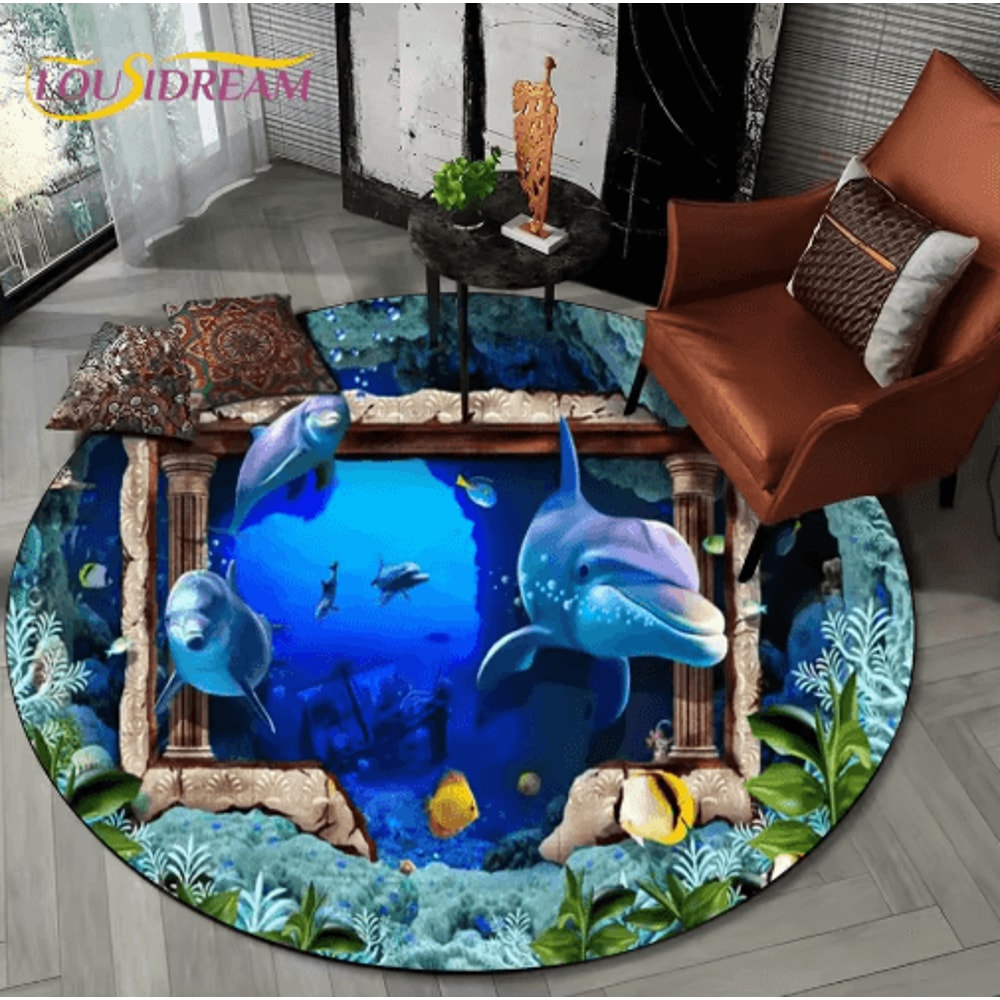3D Ocean Dolphin Area Rug NonSlip Underwater Illusion Round Carpet 24