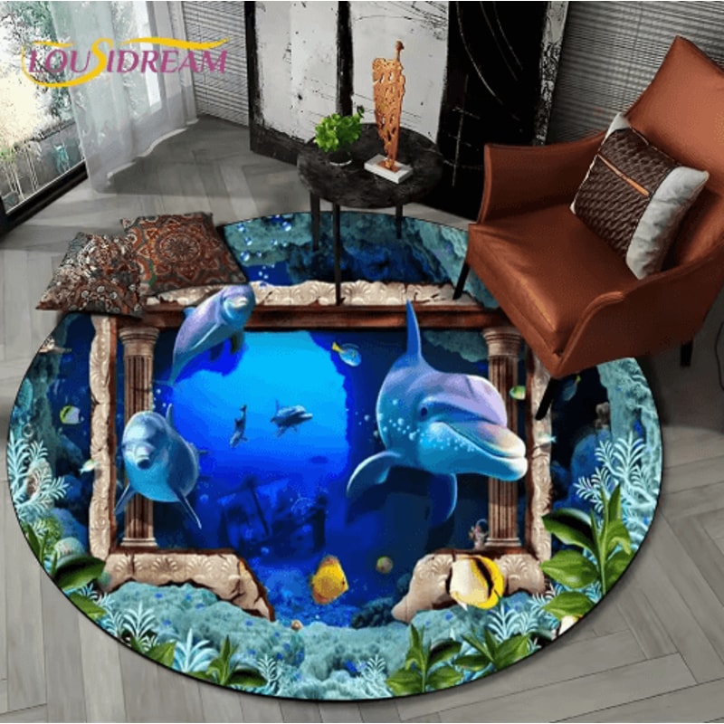 3D Ocean Dolphin Area Rug NonSlip Underwater Illusion Round Carpet 27