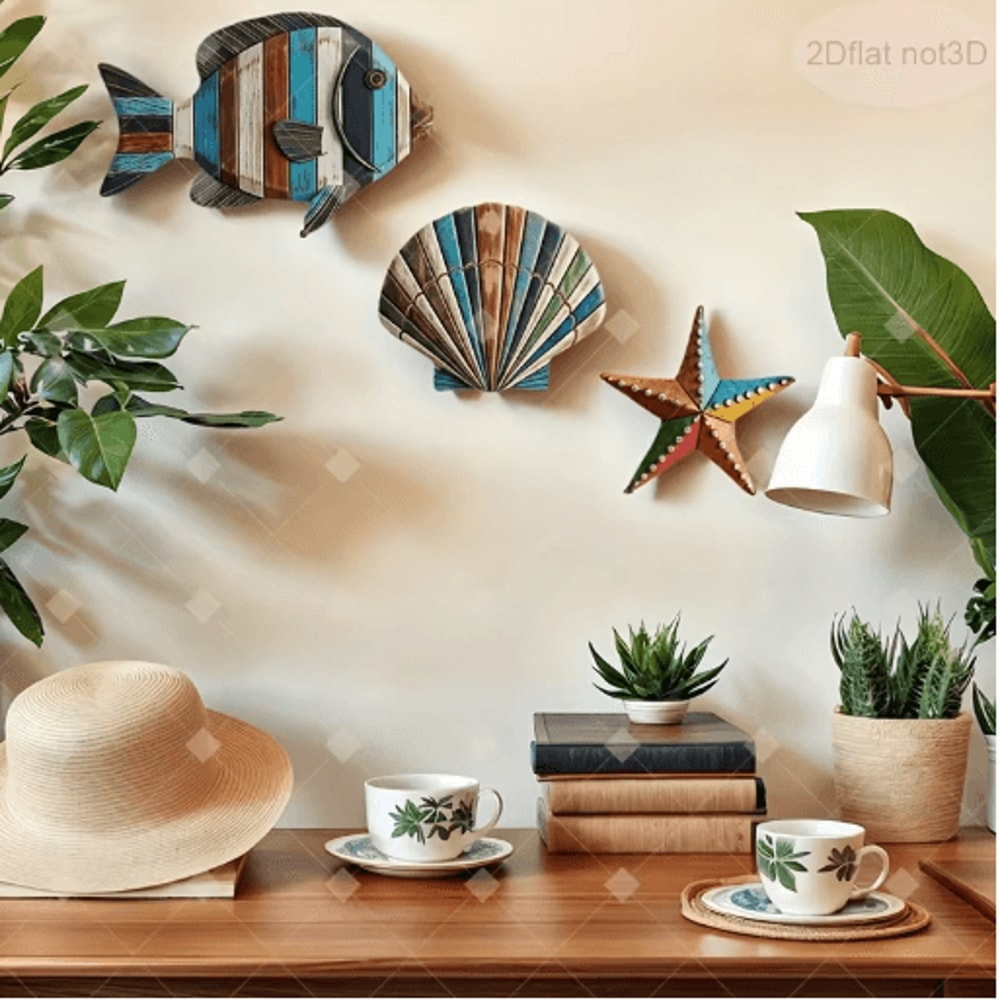 Colorful Ocean Wooden Wall Decor Set Coastal Farmhouse Sea Life Accents 4