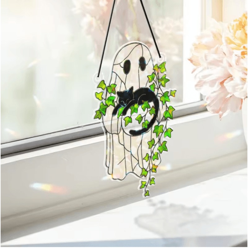 Cute Halloween Ghost Suncatcher Acrylic Window Hanging Decor With Black Cat 1