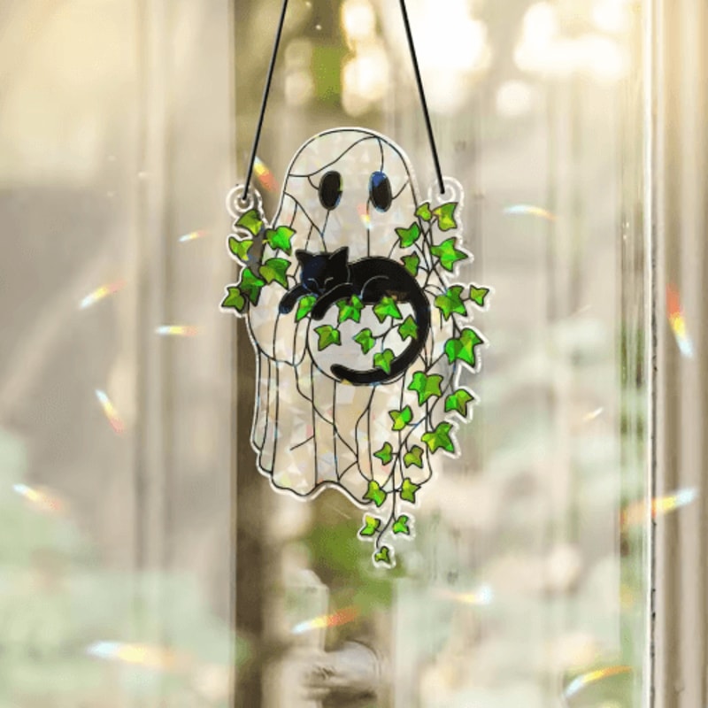 Cute Halloween Ghost Suncatcher Acrylic Window Hanging Decor With Black Cat 5