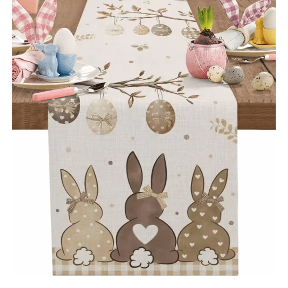 Easter Bunny Linen Table Runner Rustic Spring Farmhouse Table Decor 0