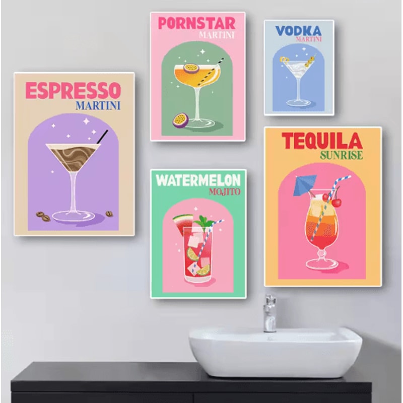 Colorful Cocktail Canvas Posters Trendy Bar Cart Whiskey Wall Art Prints 17