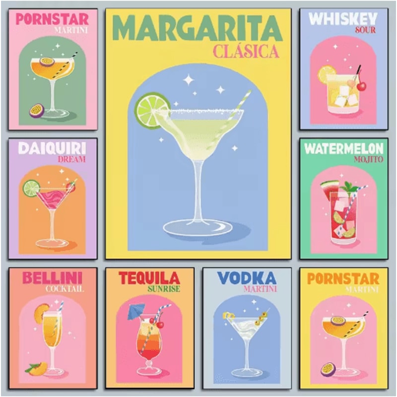 Colorful Cocktail Canvas Posters Trendy Bar Cart Whiskey Wall Art Prints 0