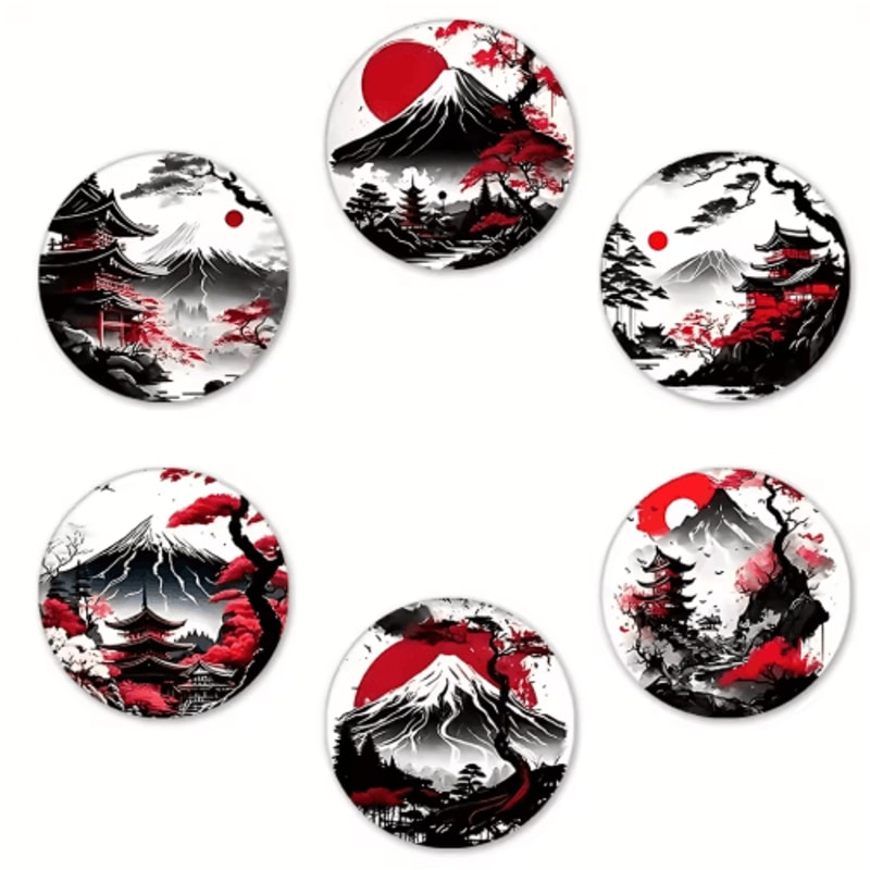 6Piece Wooden Coaster Set Japanese Landscape HeatResistant Drink Coasters 1