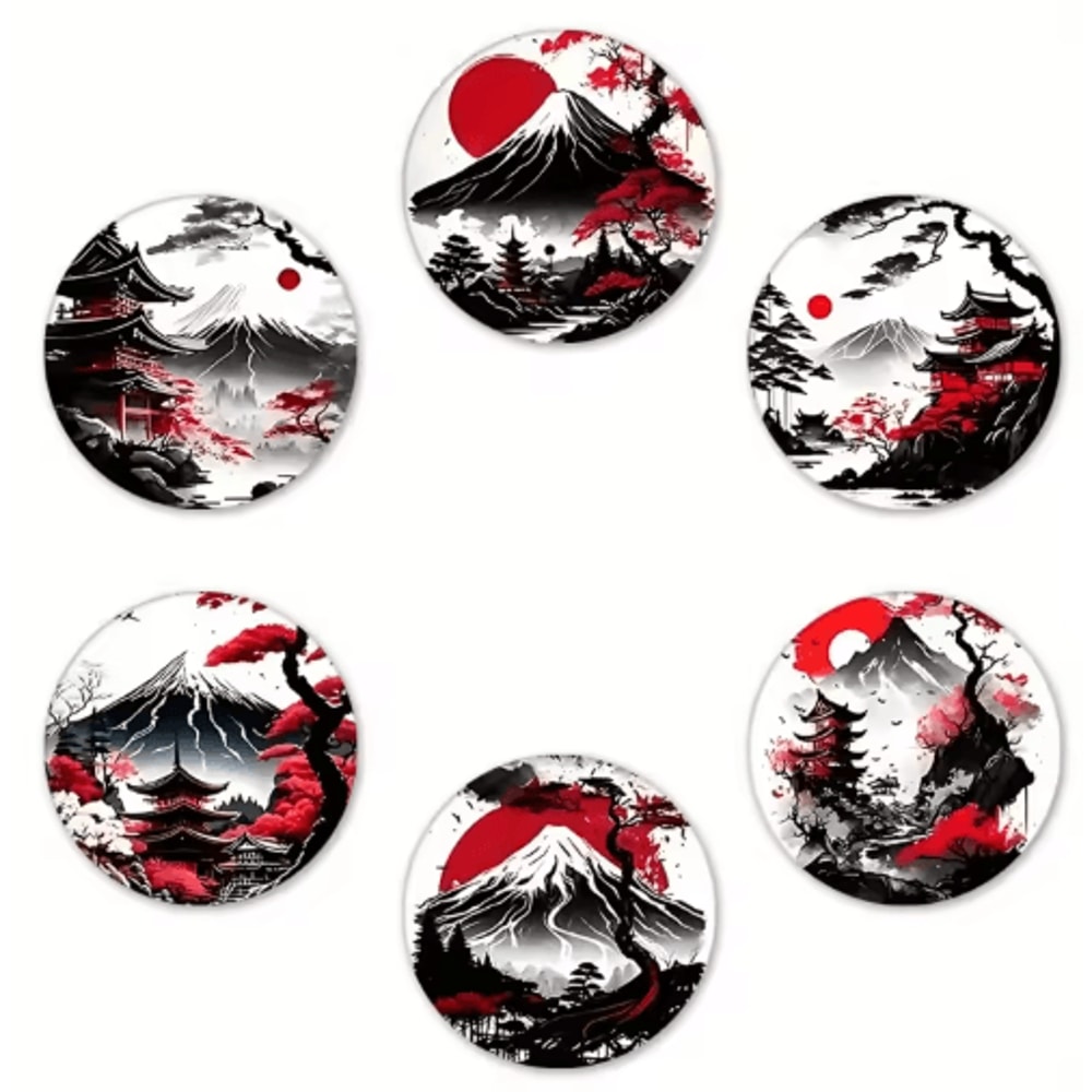 6Piece Wooden Coaster Set Japanese Landscape HeatResistant Drink Coasters 3