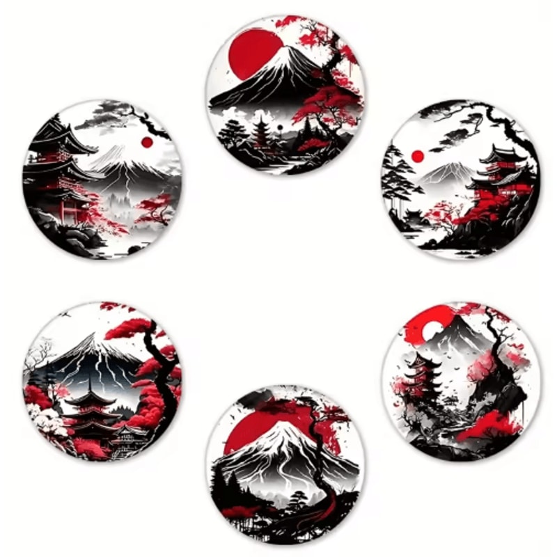 6Piece Wooden Coaster Set Japanese Landscape HeatResistant Drink Coasters 3