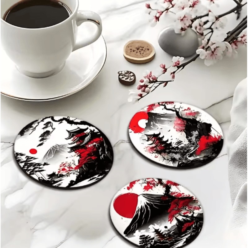 6Piece Wooden Coaster Set Japanese Landscape HeatResistant Drink Coasters 0