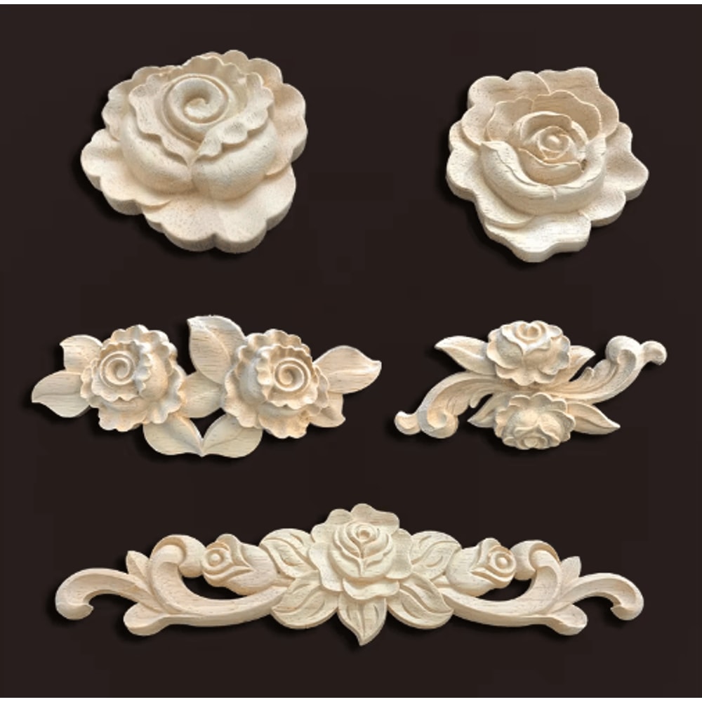 Vintage Rose Wood Carving Appliques Decorative Furniture Onlays Set 25
