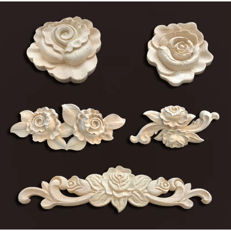 Vintage Rose Wood Carving Appliques Decorative Furniture Onlays Set 25