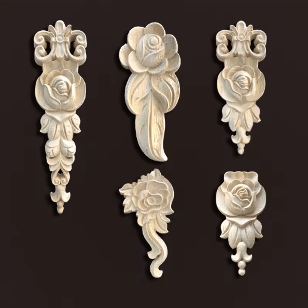 Vintage Rose Wood Carving Appliques Decorative Furniture Onlays Set 26