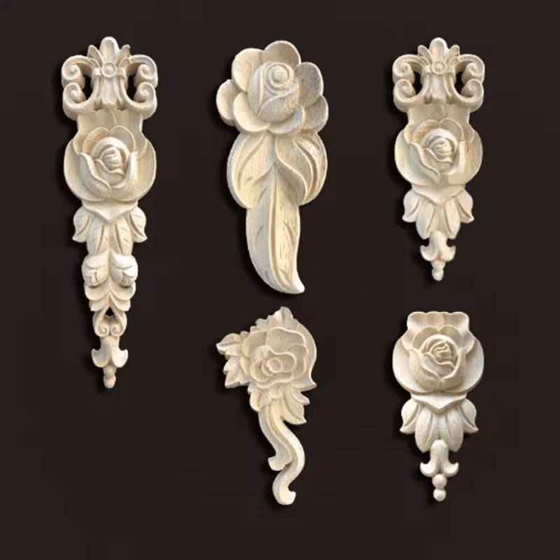 Vintage Rose Wood Carving Appliques Decorative Furniture Onlays Set 26