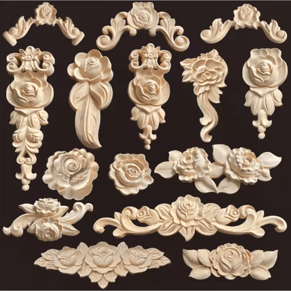 Vintage Rose Wood Carving Appliques Decorative Furniture Onlays Set 0