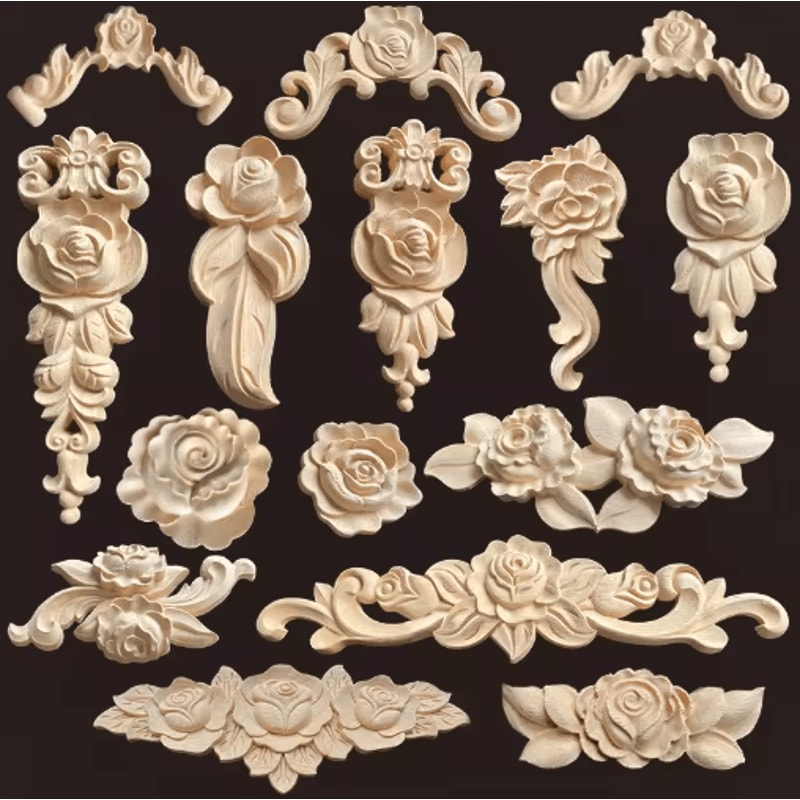 Vintage Rose Wood Carving Appliques Decorative Furniture Onlays Set 0