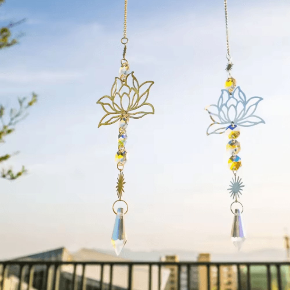 Metal Lotus Crystal Suncatcher Handmade Wind Chime Pendant For Garden Home Decor 4