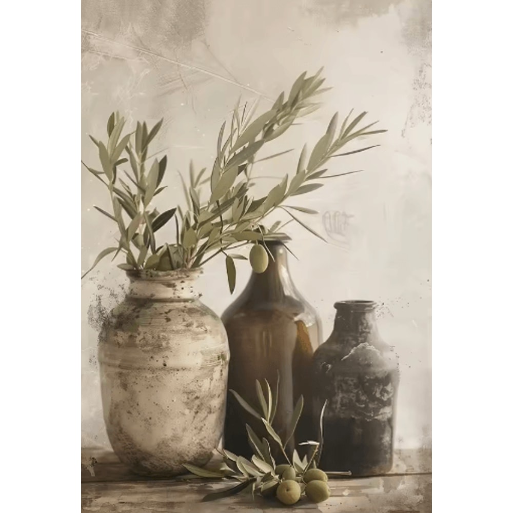 Retro Olive Tree Lemon Canvas Wall Art Elegant Mediterranean Botanical Decor 1