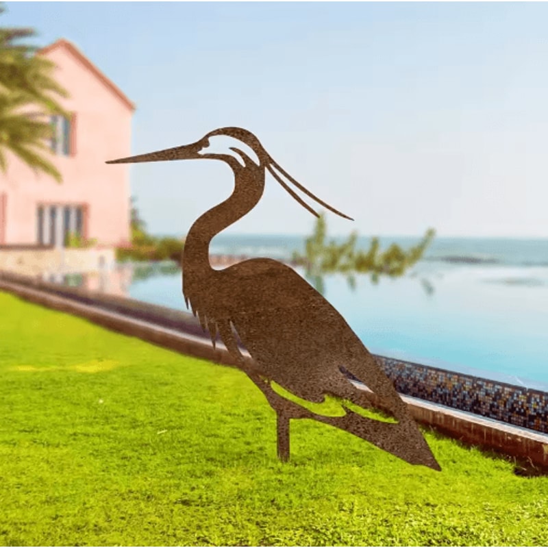 Rusted Metal Crane Garden Statue Weather Resistant Heron Yard Art Sculpture 0