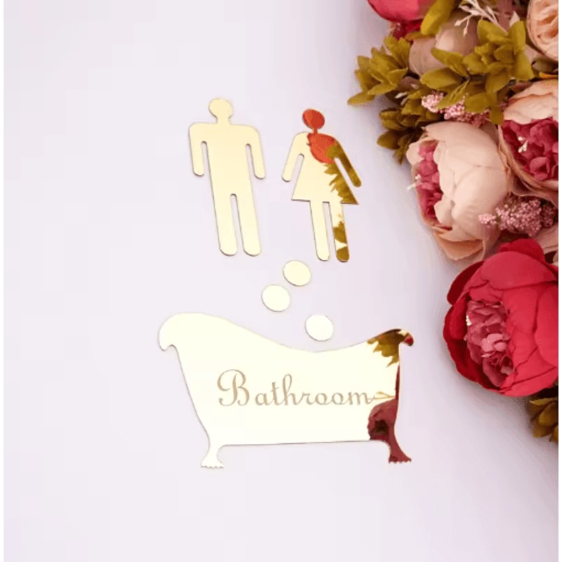 Acrylic Mirror Bathroom Sign Stickers Modern Restroom Door Wall Decor Set 2