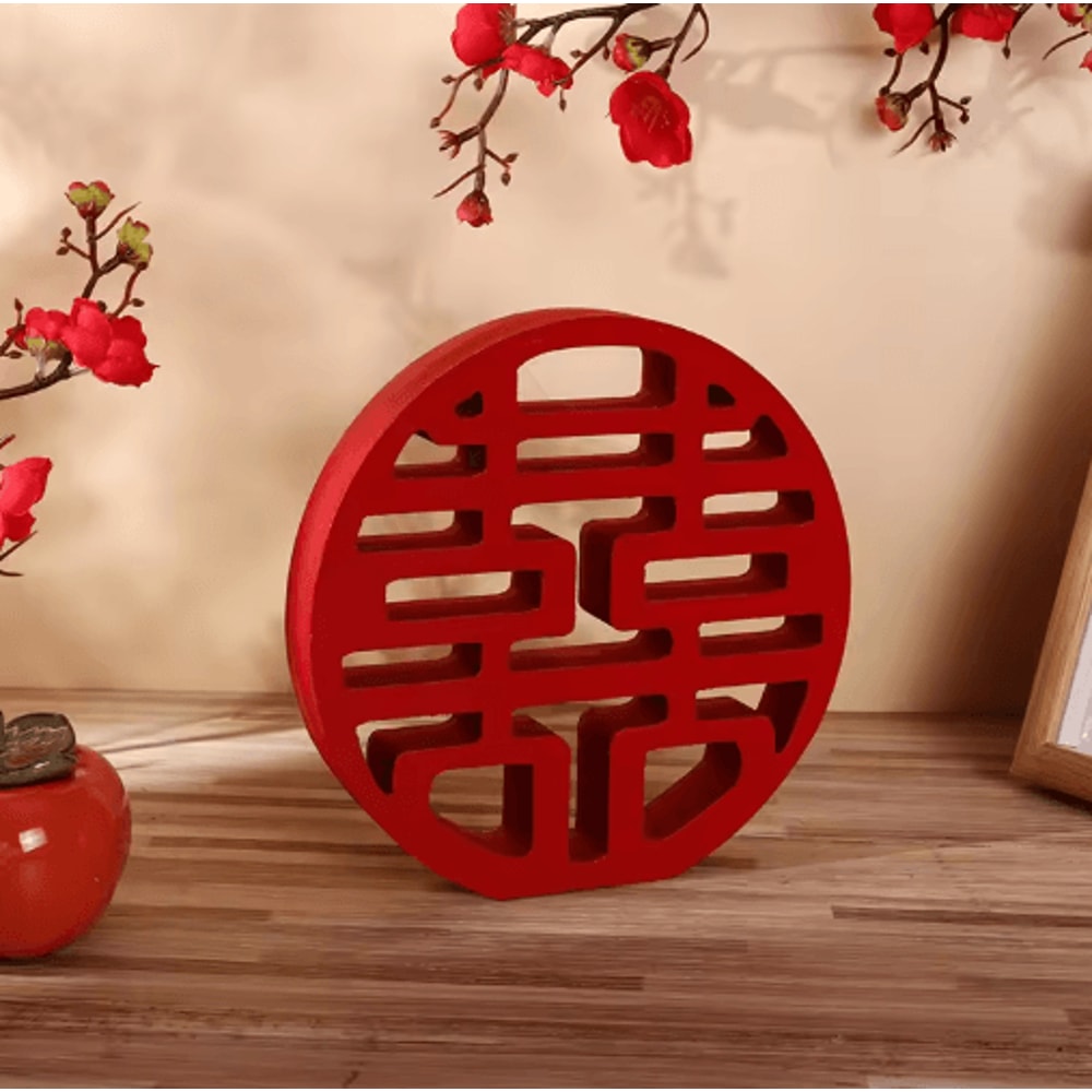 Red Double Happiness XI Wood Decor Traditional Chinese Wedding Wall Ornament 1