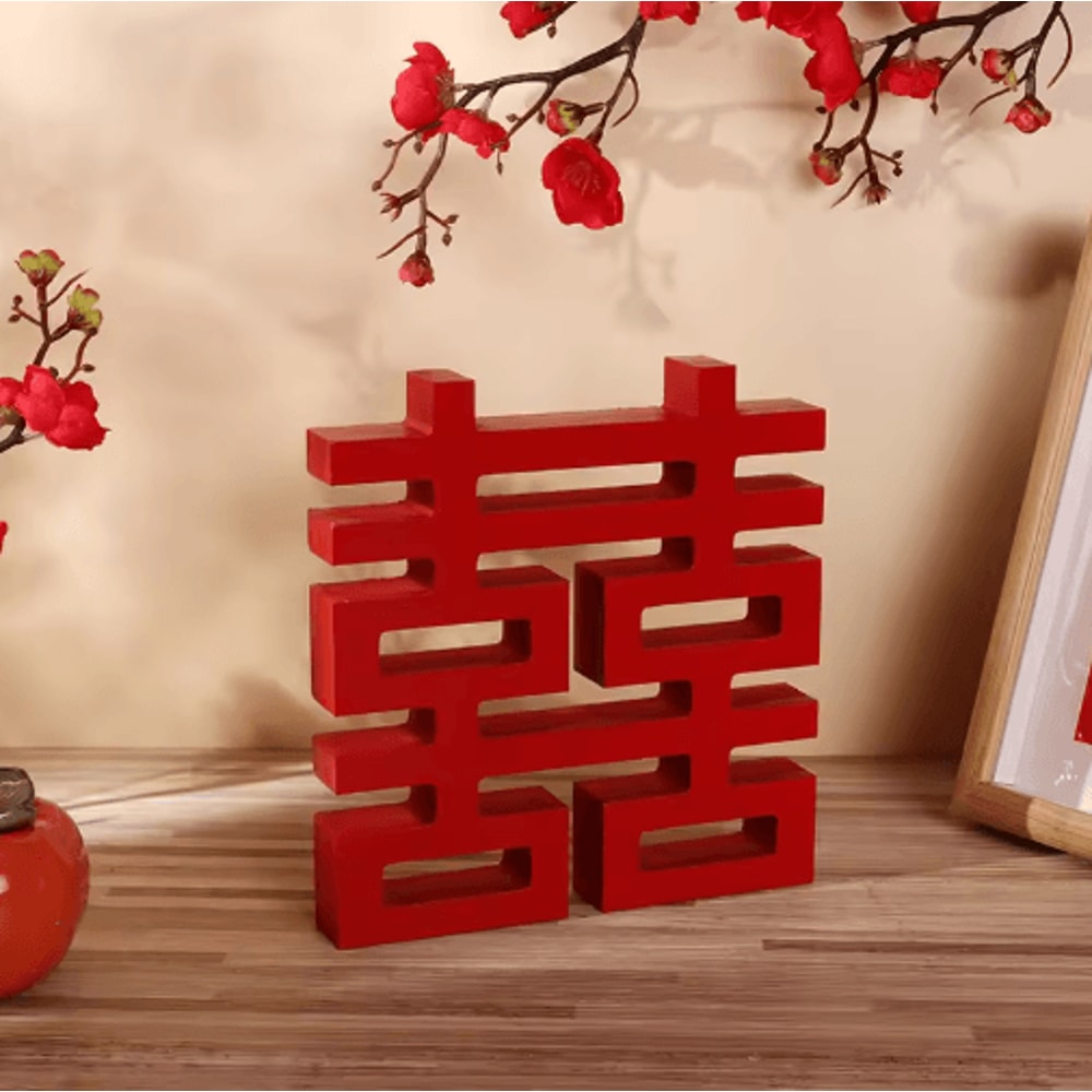 Red Double Happiness XI Wood Decor Traditional Chinese Wedding Wall Ornament 2