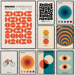 abstract bauhaus orange wall art modern geometric sunrise bicycle poster