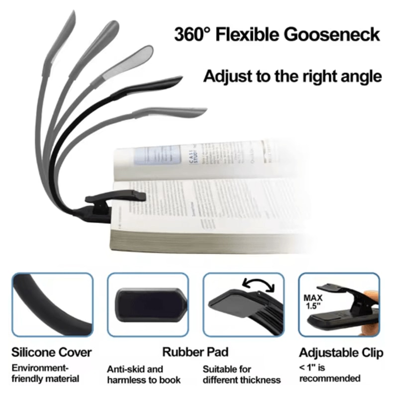 USB Rechargeable ClipOn Book Light Flexible LED Reading Lamp 5