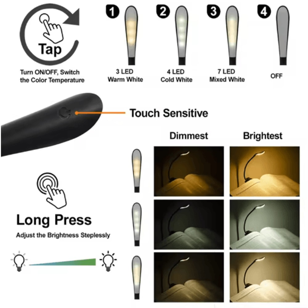 USB Rechargeable ClipOn Book Light Flexible LED Reading Lamp 7