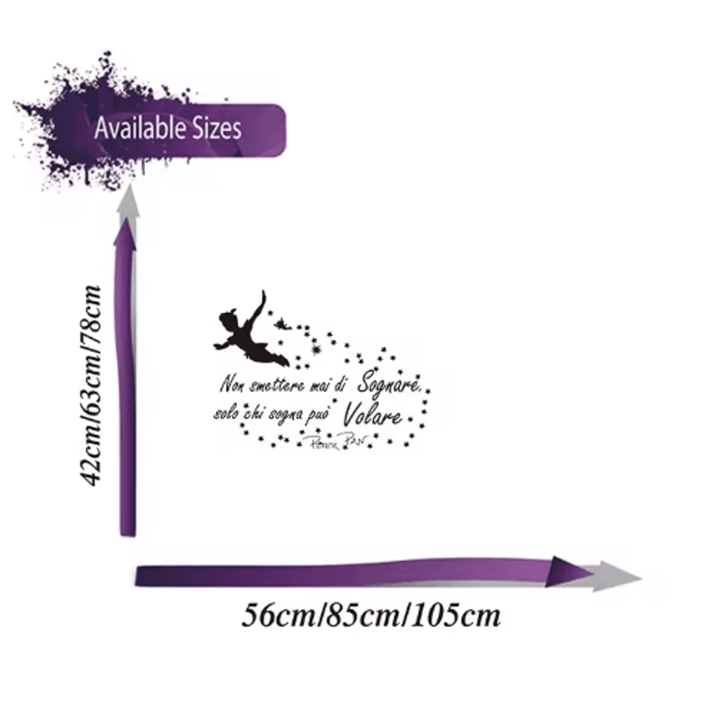 Peter Pan Inspirational Wall Sticker Italian Quote Nursery Kids Room Decor 3