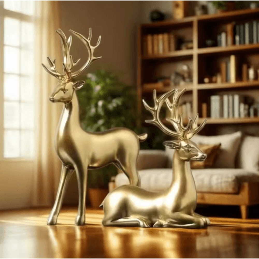 Gold Reindeer Figurine Set Elegant Christmas Table Home Decor 2pcs 2