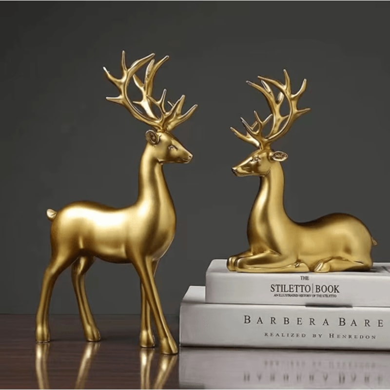 Gold Reindeer Figurine Set Elegant Christmas Table Home Decor 2pcs 3