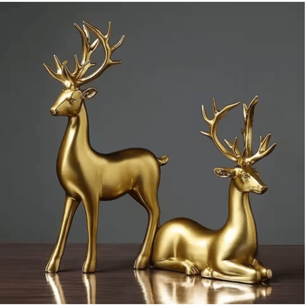 Gold Reindeer Figurine Set Elegant Christmas Table Home Decor 2pcs 4
