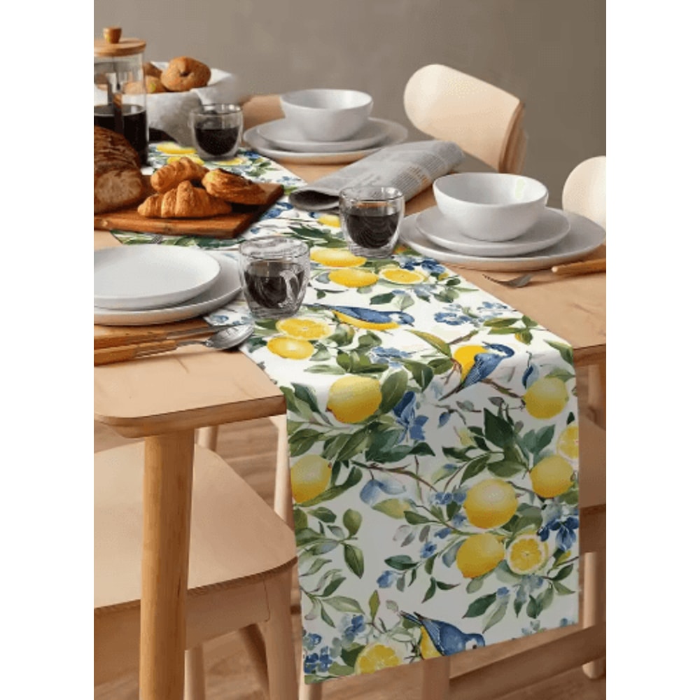 Lemon Tree Linen Table Runner With Blue Birds Vintage Floral Holiday Table Decor 3