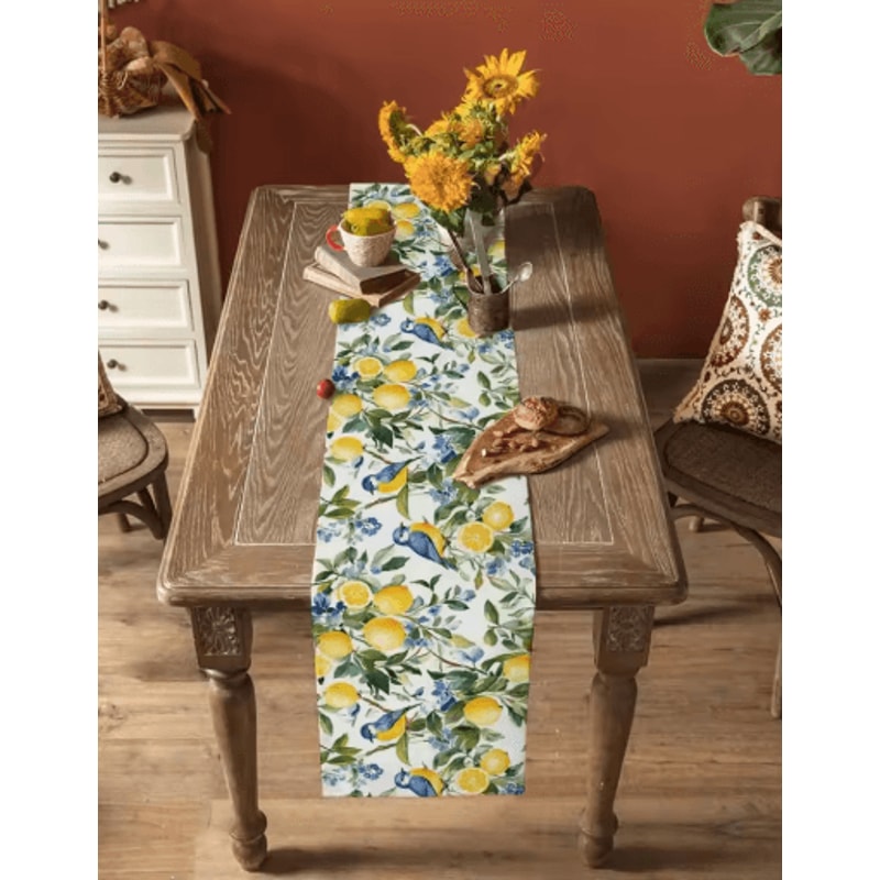 Lemon Tree Linen Table Runner With Blue Birds Vintage Floral Holiday Table Decor 4